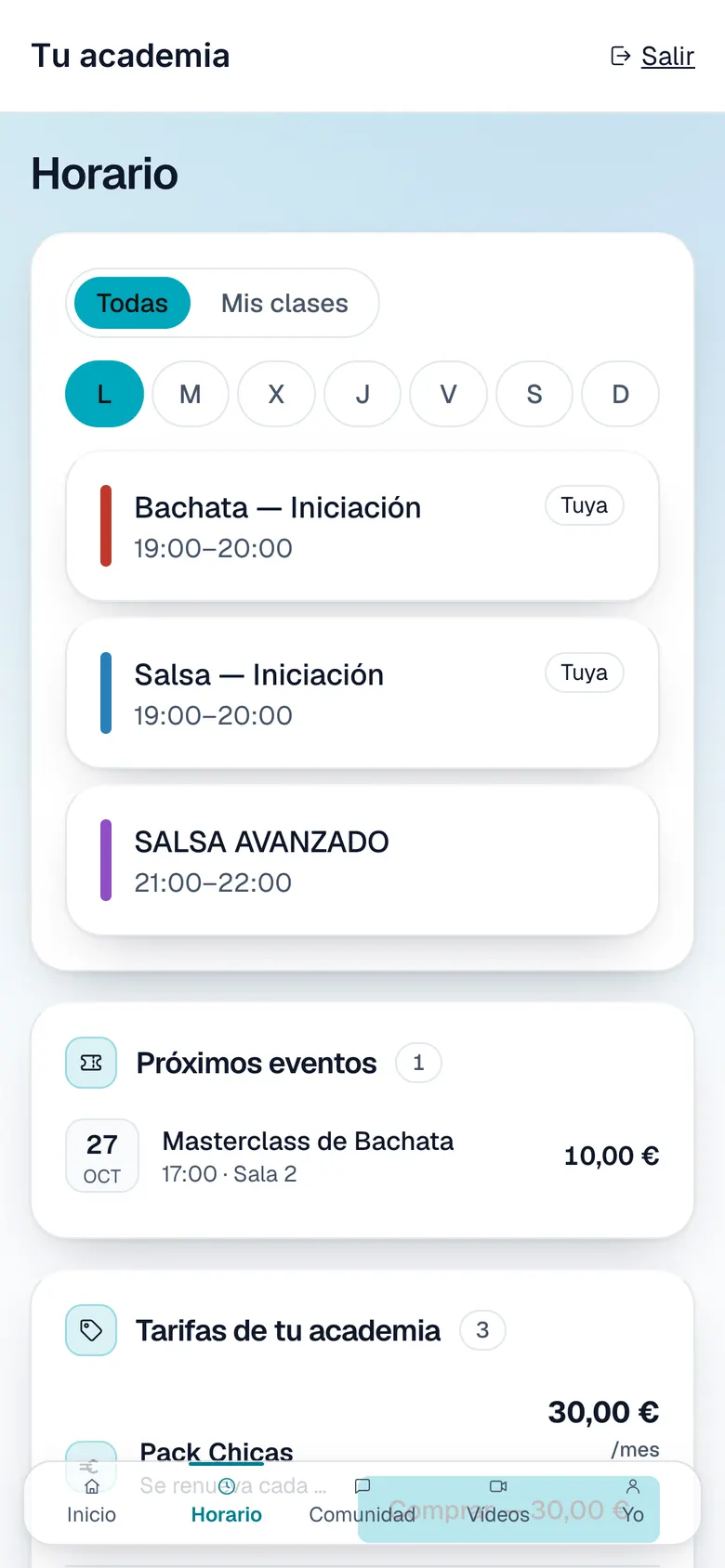 El horario de la semana en la app de la academia, con las clases del alumno marcadas