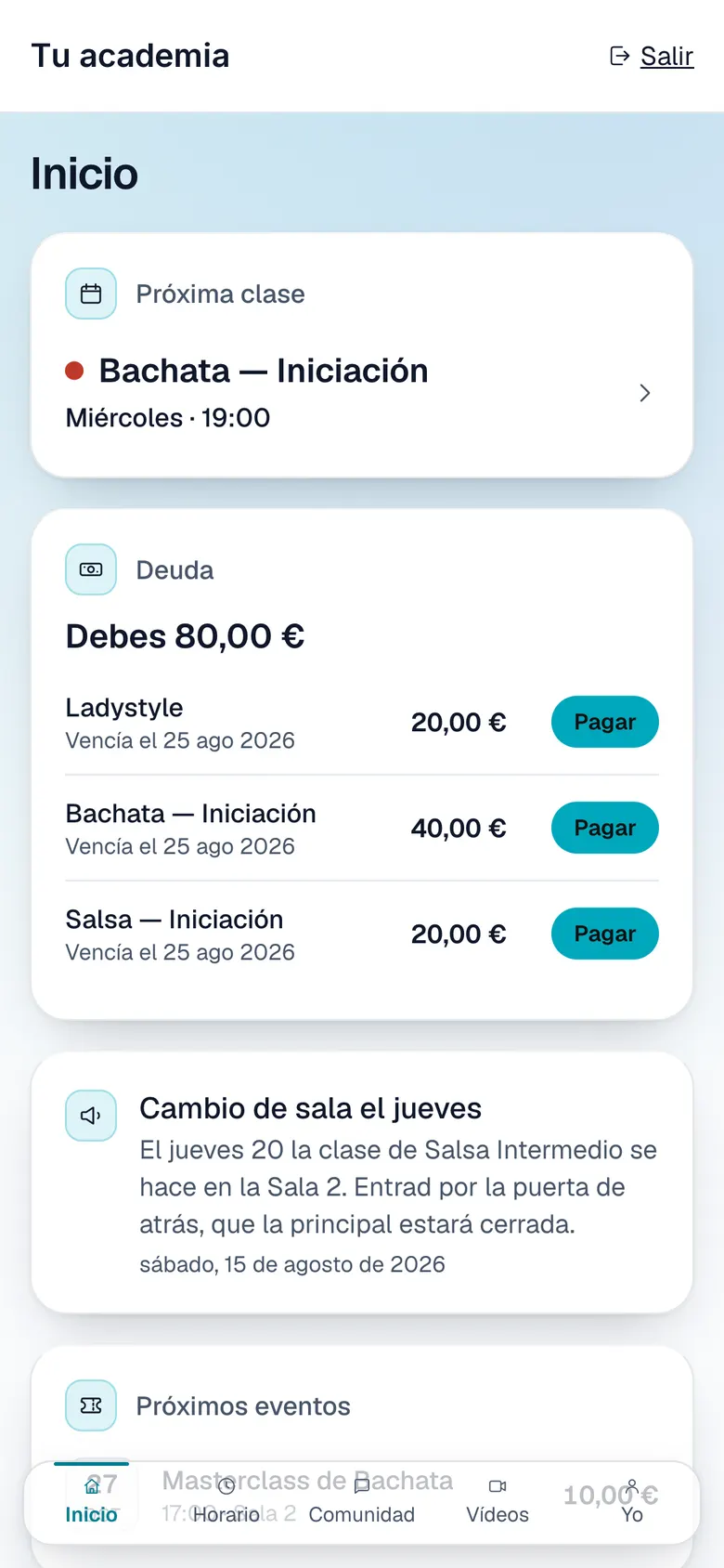 La pantalla de inicio de la app: próxima clase, cuotas pendientes y el aviso de la academia