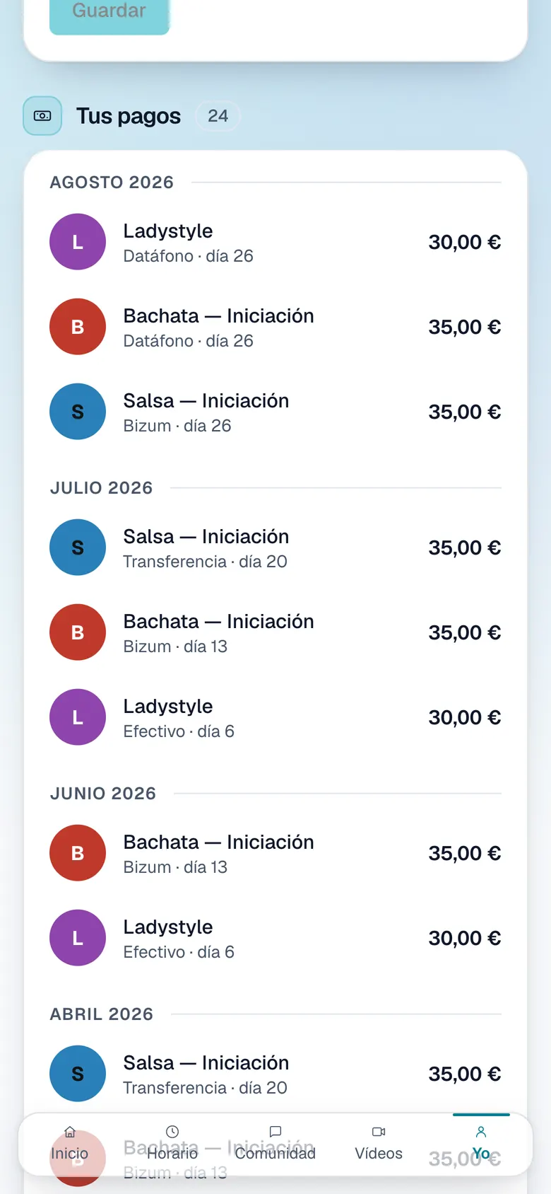 El historial de pagos del alumno, mes a mes, dentro de la app