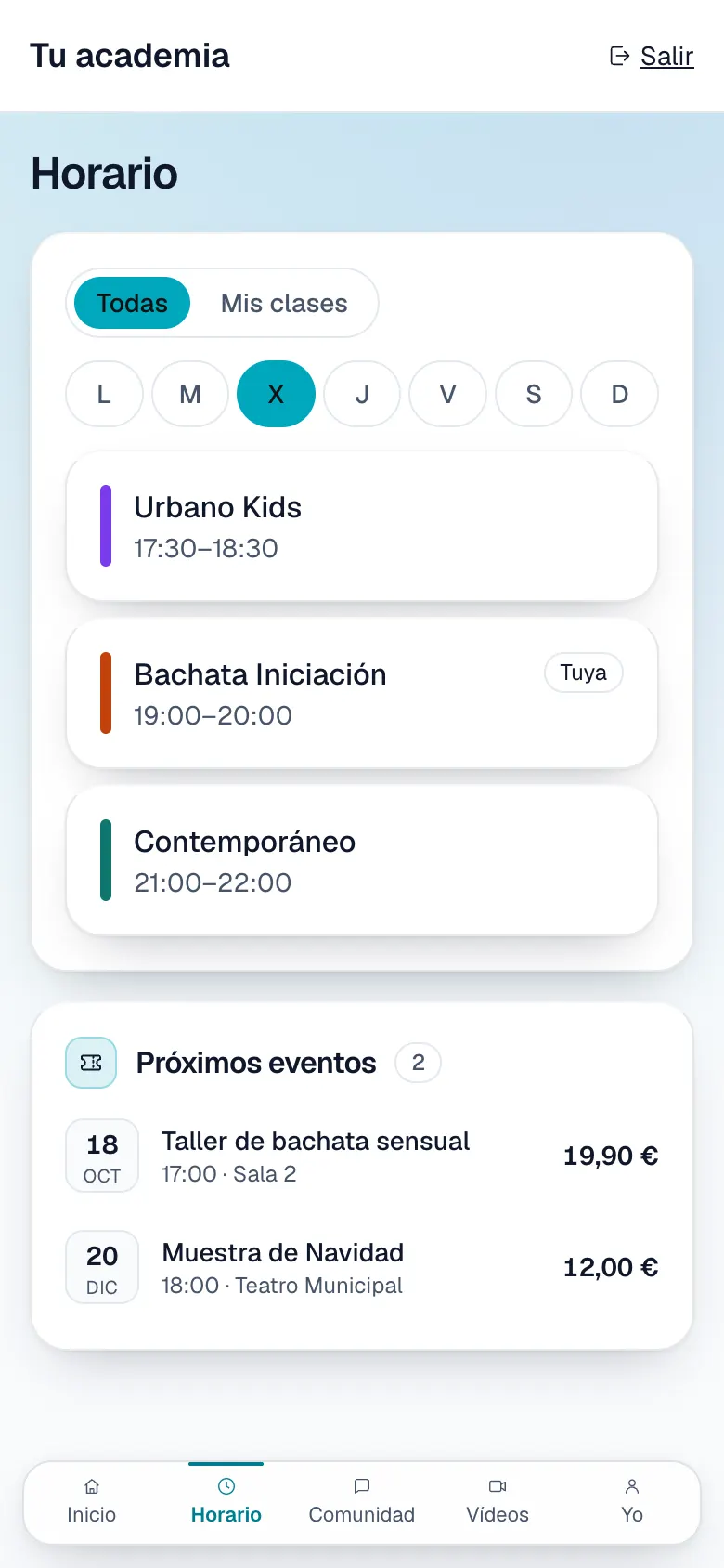 El horario de la semana en la app, con las clases del alumno marcadas y los próximos eventos