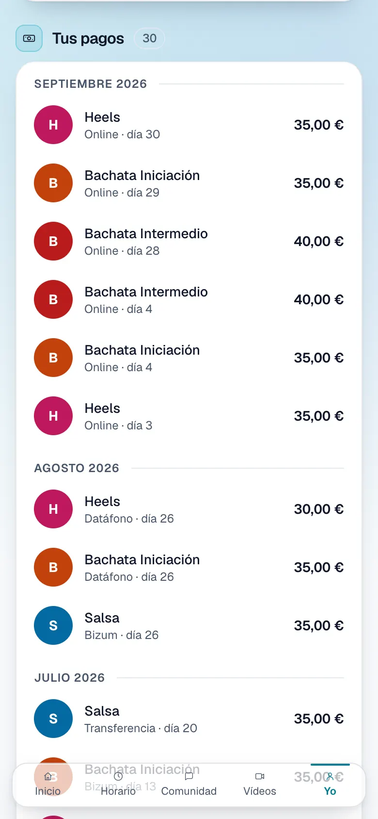 El historial de pagos del alumno en la app, mes a mes y con el método de cada cuota